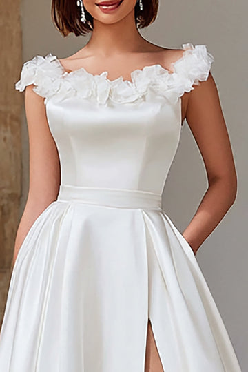 Ivory Satin A Line Sweep Train Wedding Dress with Slit